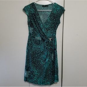 Aqua Green Abstract Floral Wrap Dress Petite Small